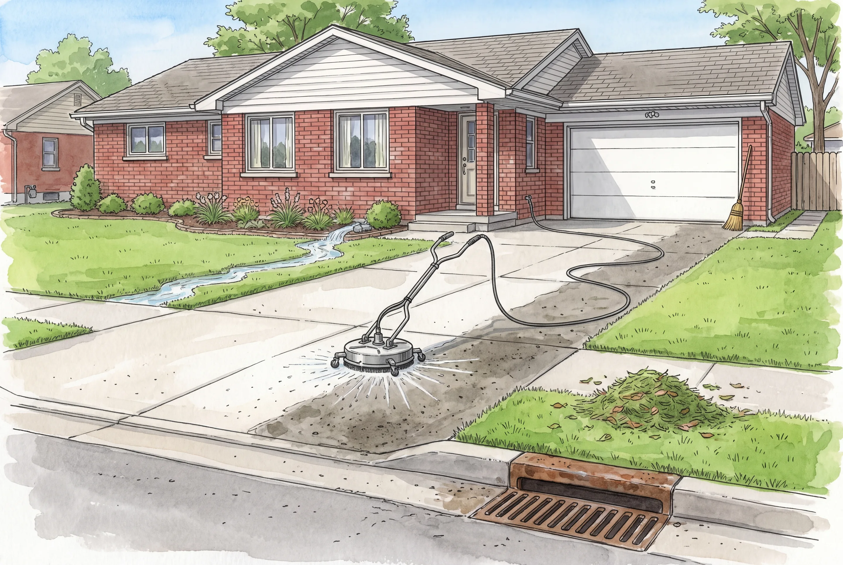Drawing of a brick ranch house with a surface cleaner on the concrete driveway, half of it washed pale and half still dark, a broom by the garage, a pile of swept clippings on the lawn, rinse water running into the grass, and the storm drain at the curb.