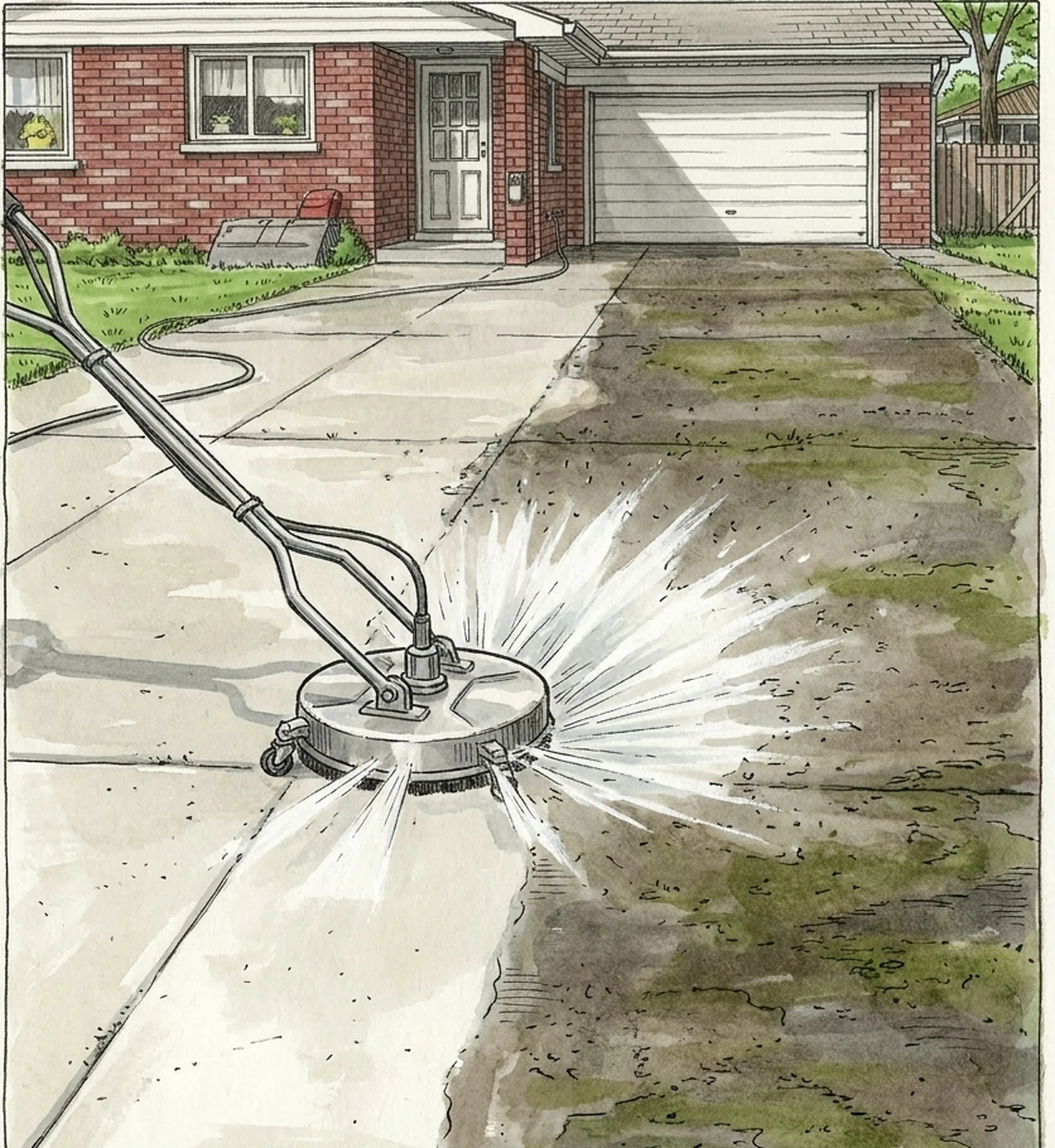 Drawing: a surface cleaner on a concrete driveway, the washed half pale and the unwashed half dark with algae