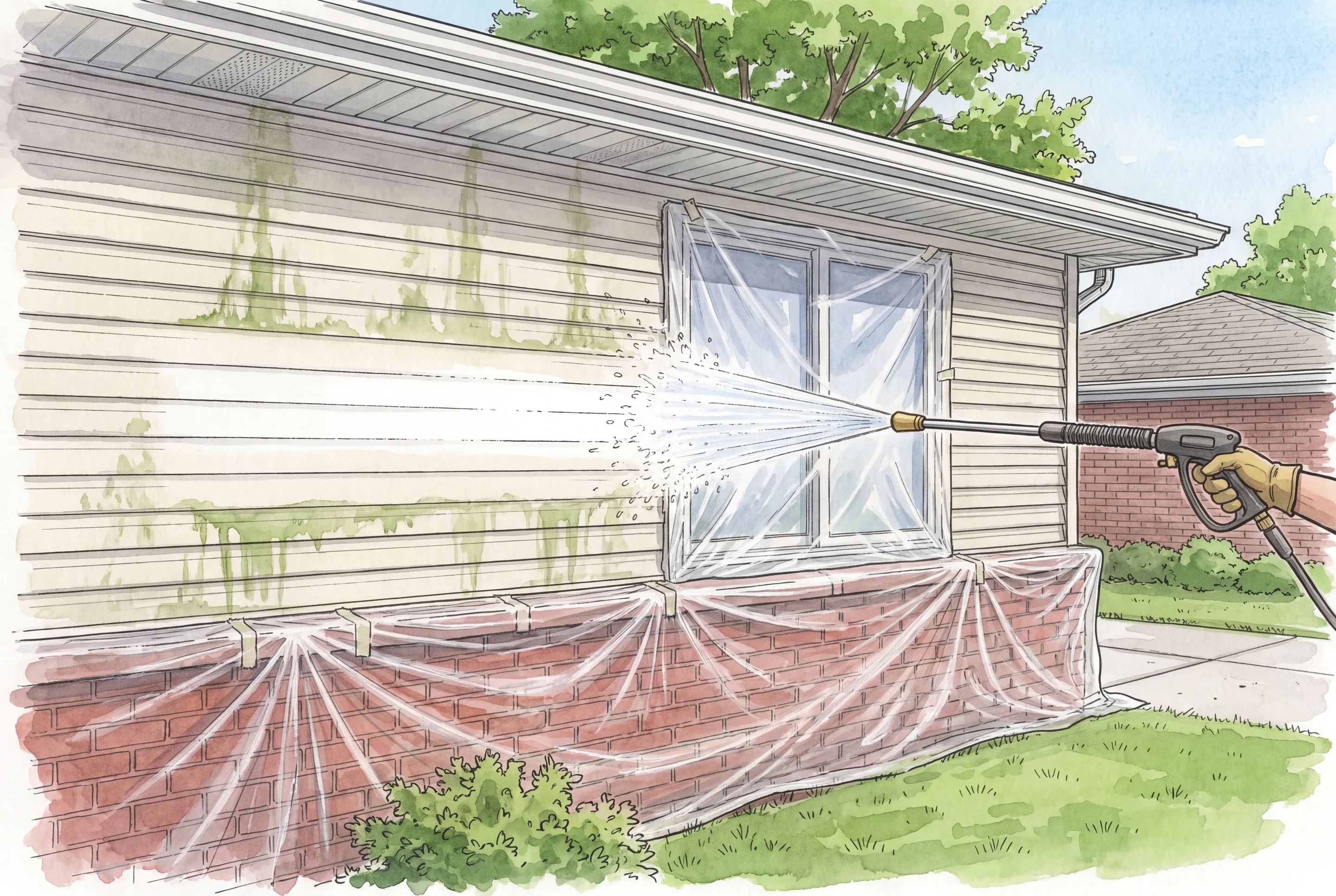 Drawing of a pressure washer wand held level, spraying a wide fan of water onto cream vinyl siding streaked with green algae above red brick, with a clean band washed across the wall and the window and the brick covered in clear plastic.
