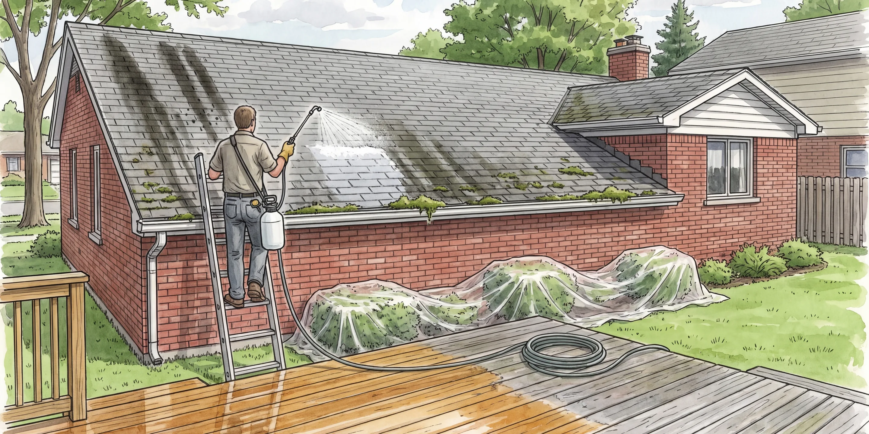 Drawing of the back of a brick ranch house: a person on a ladder mists a cleaning solution onto asphalt shingles streaked with algae and edged with moss, using a garden pump sprayer, the shrubs below covered in plastic, and a wooden deck in front half washed brown and half weathered gray.
