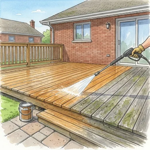 Drawing of a wooden backyard deck being cleaned with a wide fan of water, the cleaned boards warm brown and the rest weathered gray, a paver patio and an unopened can of stain beside it.