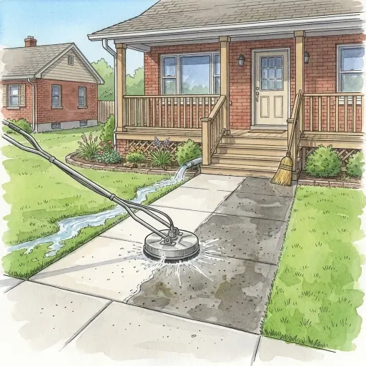 Drawing of a round surface cleaner on a concrete front walk, half cleaned, with the rinse water running off the edge into the lawn and a flower bed, and a broom by the porch steps.