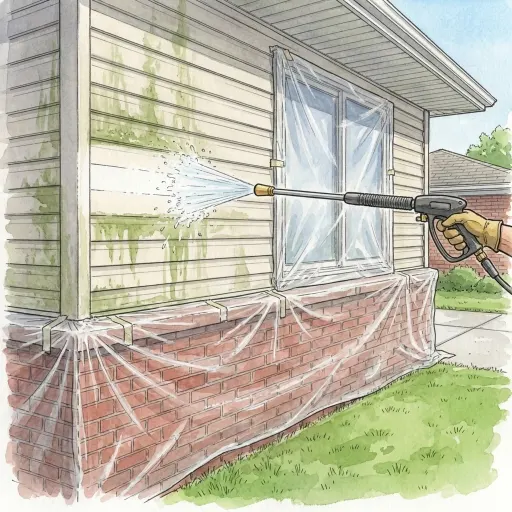 Drawing of a wand held level spraying a gentle fan of water onto vinyl siding streaked with green algae, with the brick below and the window beside it covered in plastic sheeting.