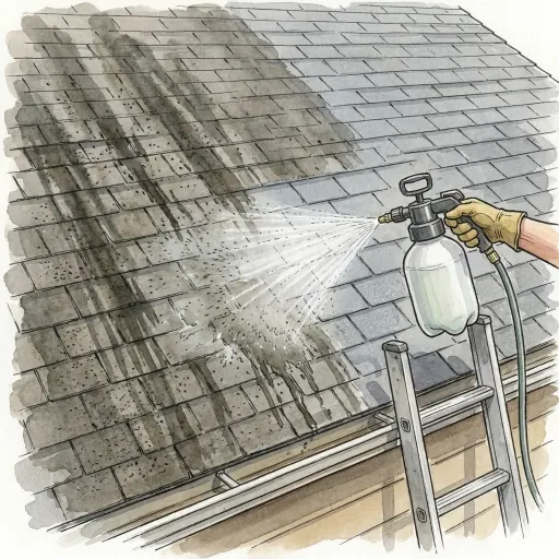 Drawing of a gloved hand on a ladder misting a cleaning solution onto dark algae streaks on a shingle roof with a low pressure sprayer, the treated part an even, clean gray.